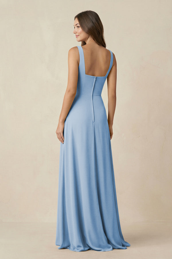 Steel Blue Square Neck A-Line Bridesmaid Dress With Slit (2) | KISSBRIDAL