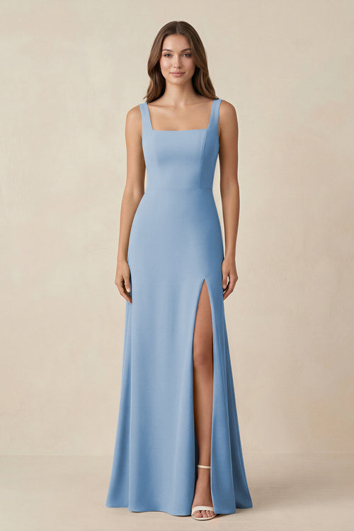 Steel Blue Square Neck A-Line Bridesmaid Dress With Slit | KISSBRIDAL