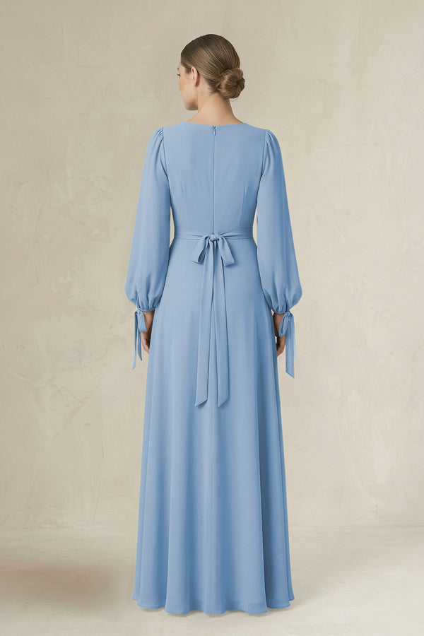 Steel Blue Square Neck Long Sleeve A-Line Chiffon Bridesmaid Dress in Steel Blue (2) | KISSBRIDAL