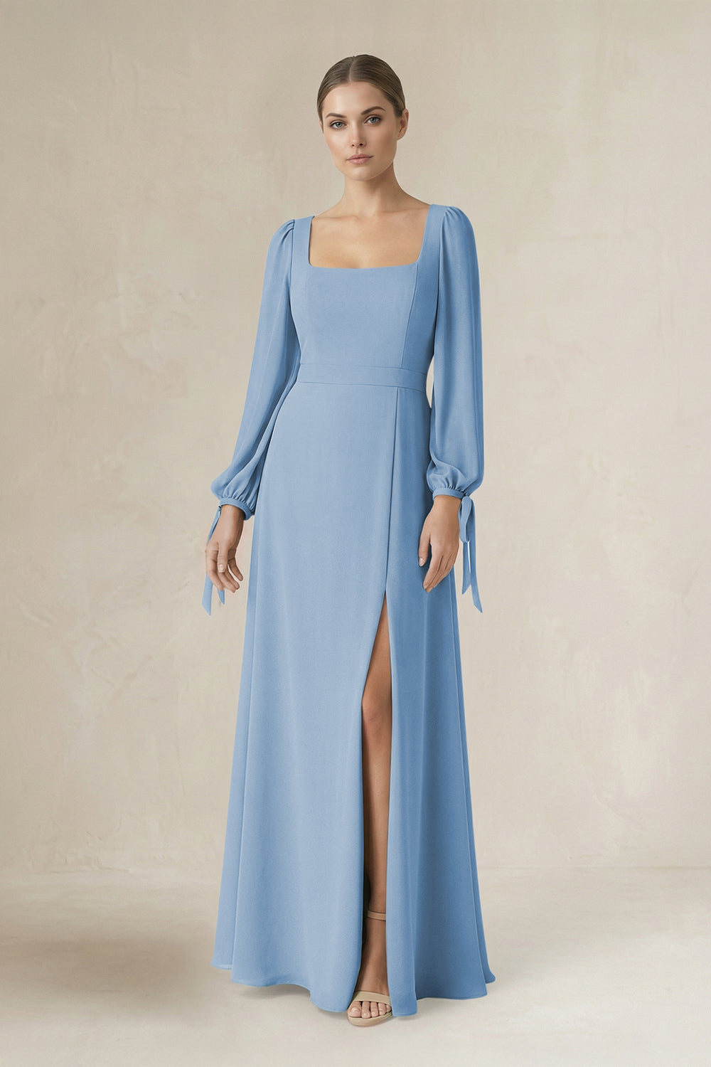 Square Neck Long Sleeve A-Line Chiffon Bridesmaid Dress in Steel Blue