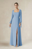 Steel Blue Square Neck Long Sleeve A-Line Chiffon Bridesmaid Dress in Steel Blue | KISSBRIDAL
