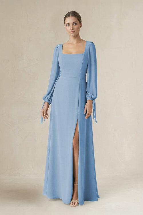 Steel Blue Square Neck Long Sleeve A-Line Chiffon Bridesmaid Dress in Steel Blue | KISSBRIDAL