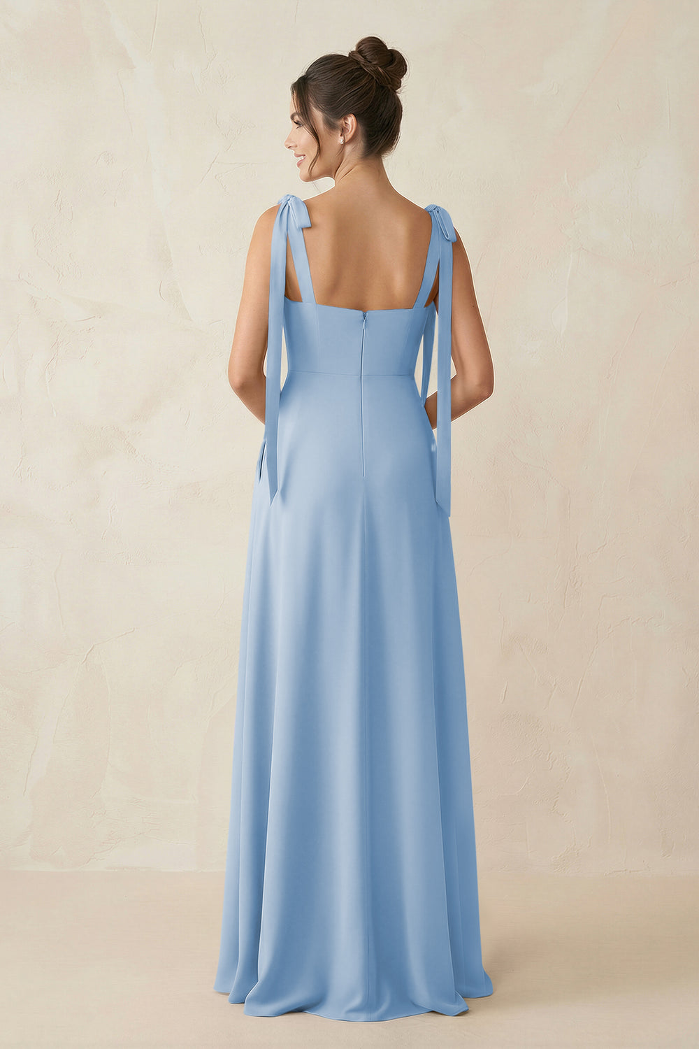 Square Neck Sheath Chiffon Bridesmaid Dress with Bow in Steel Blue