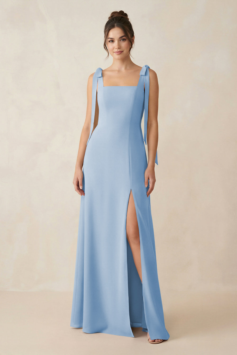Square Neck Sheath Chiffon Bridesmaid Dress with Bow in Steel Blue