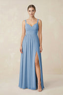 Steel Blue Sweetheart A-Line Chiffon Bridesmaid Dress with Slit in Steel Blue | KISSBRIDAL