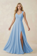 Steel Blue Sweetheart A-Line Chiffon Long Bridesmaid Dress | KISSBRIDAL