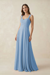 Steel Blue Sweetheart Pleated A-Line Chiffon Bridesmaid Dress | KISSBRIDAL