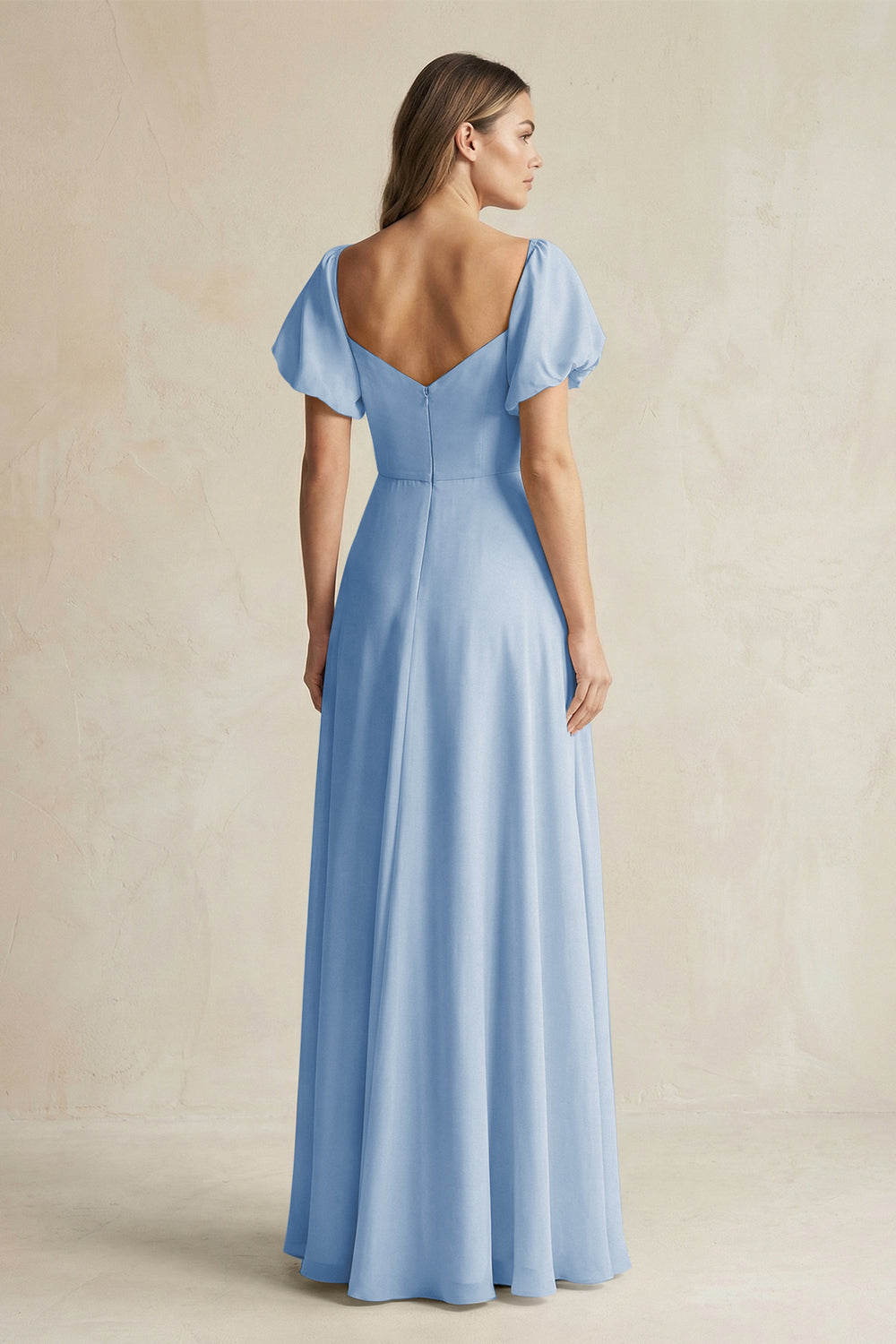 Sweetheart Puff Sleeve A-Line Chiffon Bridesmaid Dress in Steel Blue