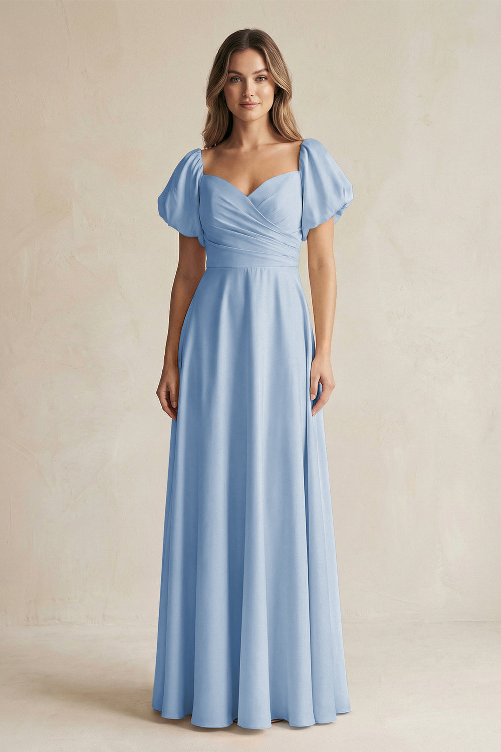 Sweetheart Puff Sleeve A-Line Chiffon Bridesmaid Dress in Steel Blue