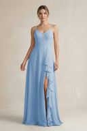 Steel Blue Sweetheart Ruffled A-Line Chiffon Bridesmaid Dress with Slit | KISSBRIDAL