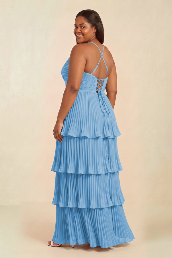 Steel Blue Tiered Pleated V-Neck A-Line Chiffon Bridesmaid Dress (2) [sizeplus] | KISSBRIDAL