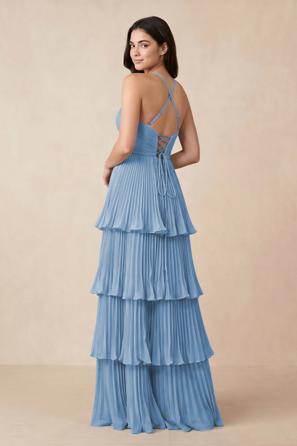 Tiered Pleated V-Neck A-Line Chiffon Bridesmaid Dress in Steel Blue