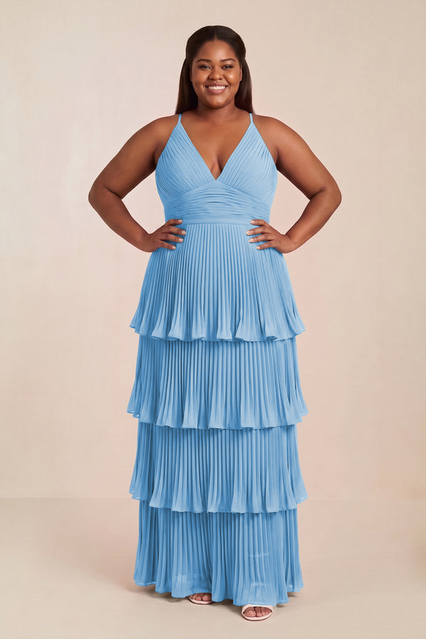 Steel Blue Tiered Pleated V-Neck A-Line Chiffon Bridesmaid Dress [sizeplus] | KISSBRIDAL