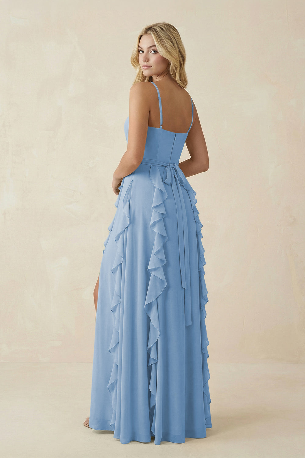 Tiered Ruffle A-Line Chiffon Bridesmaid Dress in Steel Blue