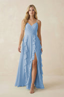 Steel Blue Tiered Ruffle A-Line Chiffon Bridesmaid Dress | KISSBRIDAL