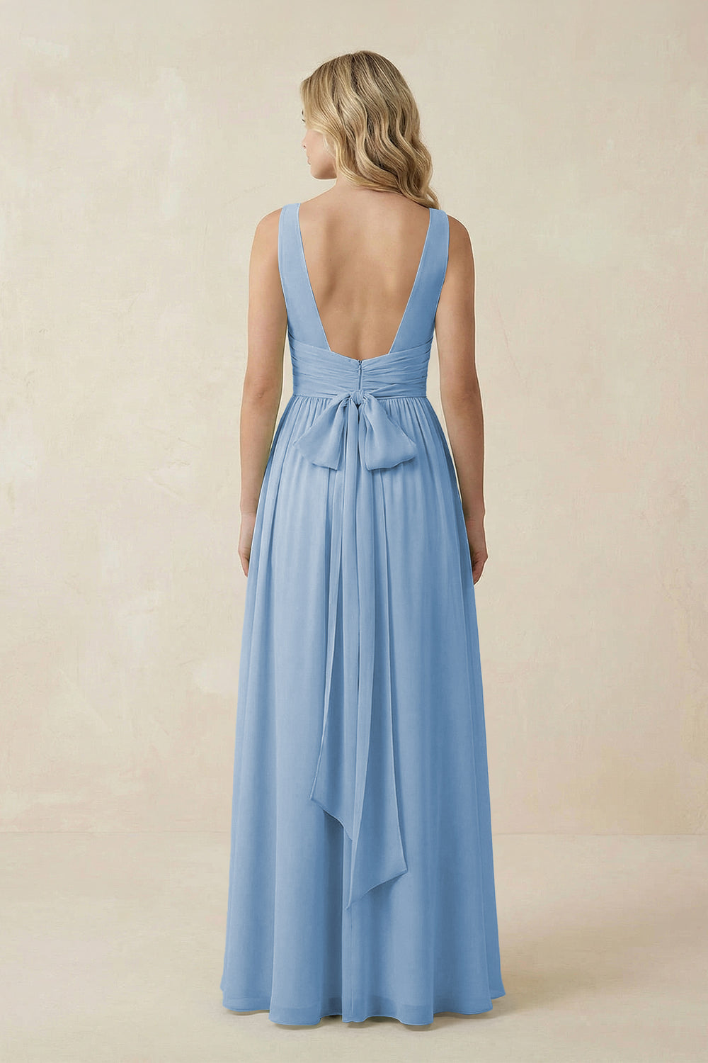 V-Neck A-Line Bridesmaid Dress with Back Bow in Steel Blue