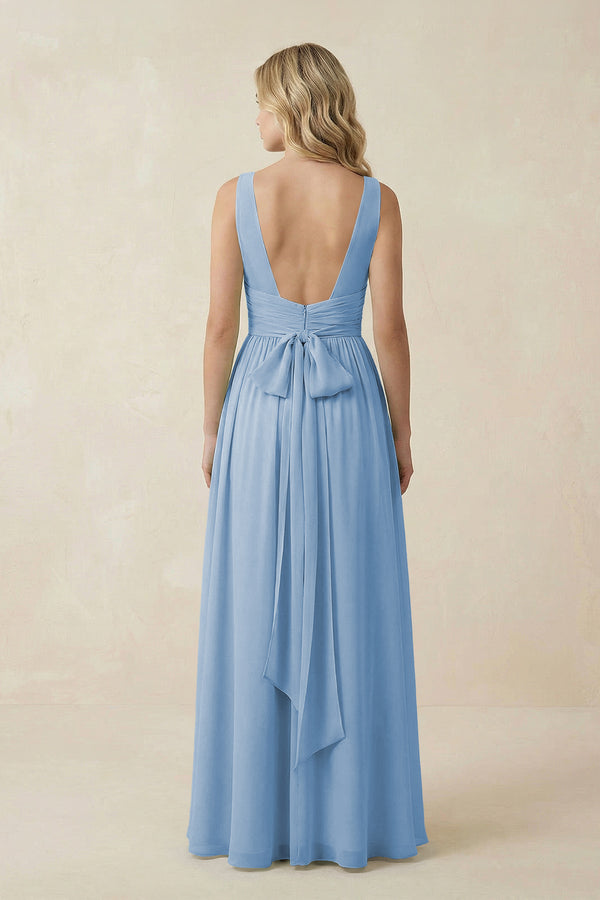 Steel Blue V-Neck A-Line Bridesmaid Dress with Back Bow (2) | KISSBRIDAL