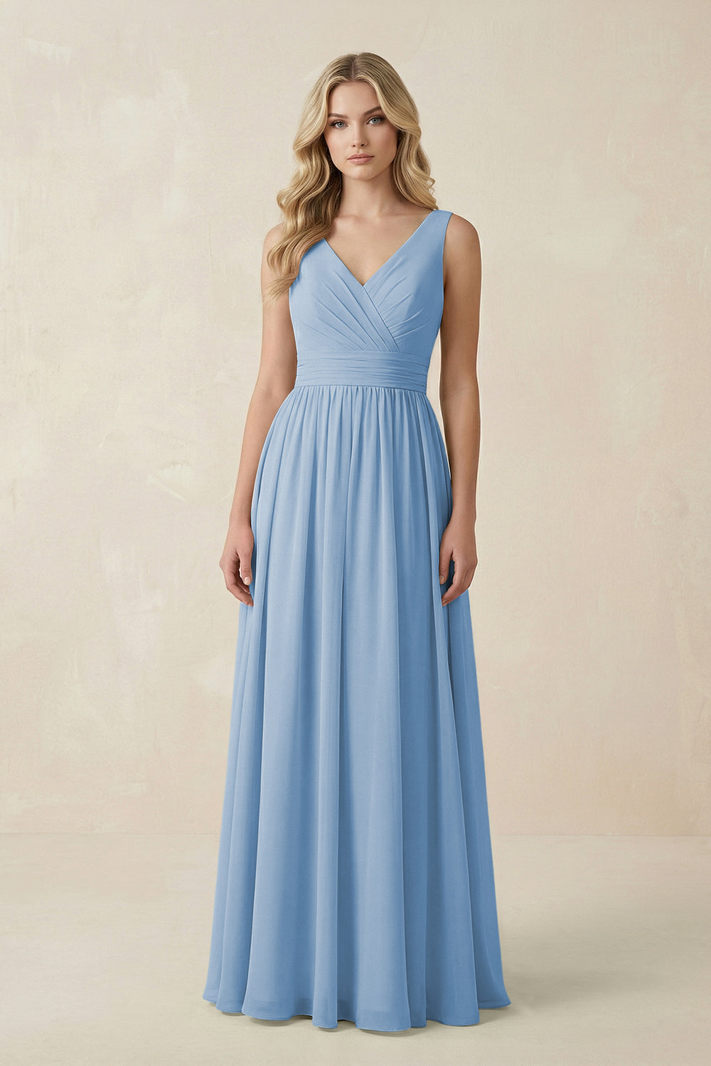 V-Neck A-Line Bridesmaid Dress with Back Bow in Steel Blue