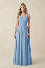Steel Blue V-Neck A-Line Bridesmaid Dress with Back Bow | KISSBRIDAL