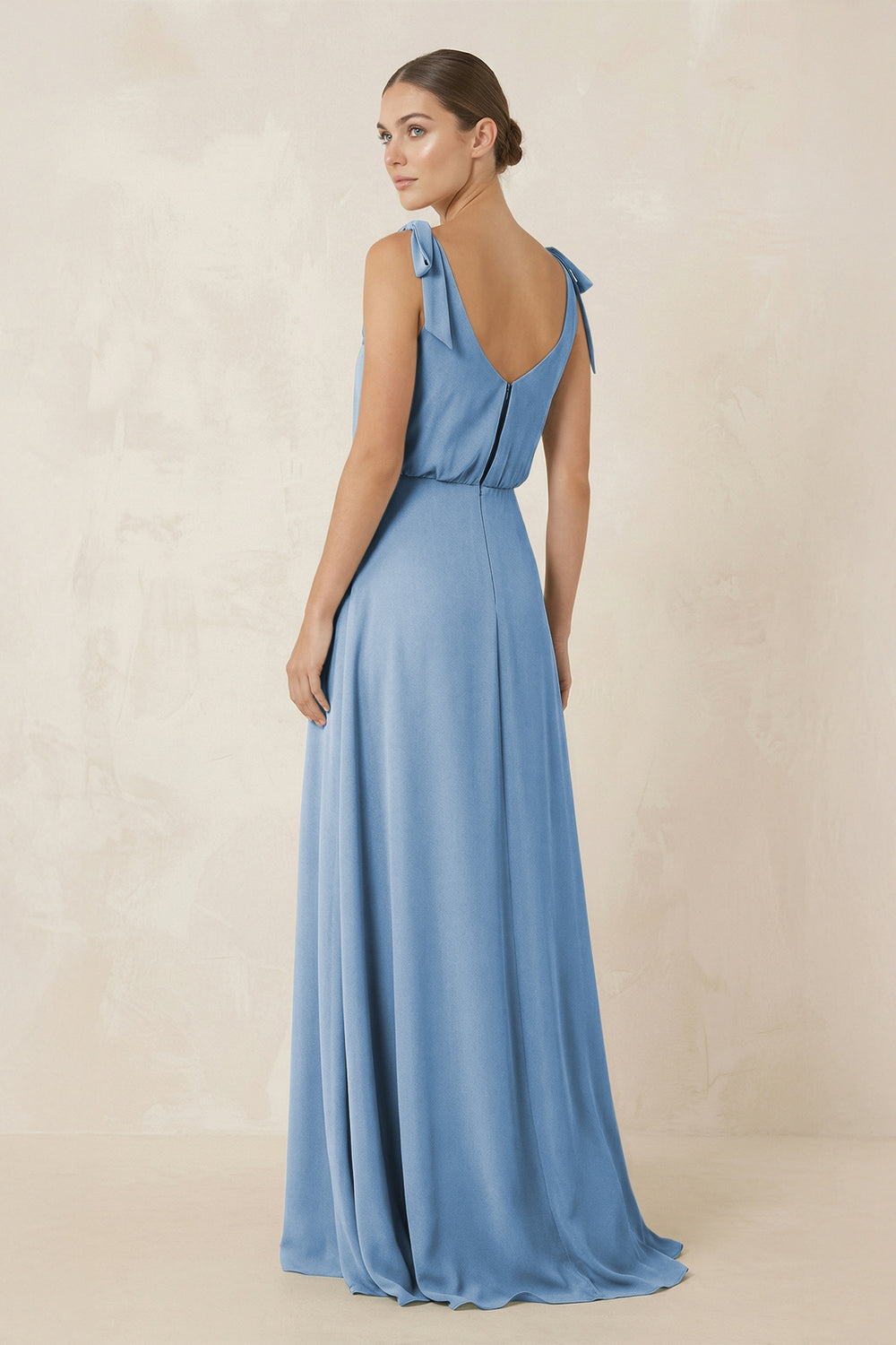 V-Neck A-Line Chiffon Bridesmaid Dress in Steel Blue