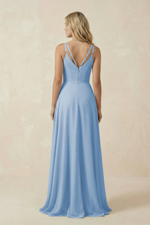 Steel Blue V-Neck A-Line Chiffon Bridesmaid Dress with Crisscross Back (2) | KISSBRIDAL