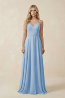 Steel Blue V-Neck A-Line Chiffon Bridesmaid Dress with Crisscross Back | KISSBRIDAL