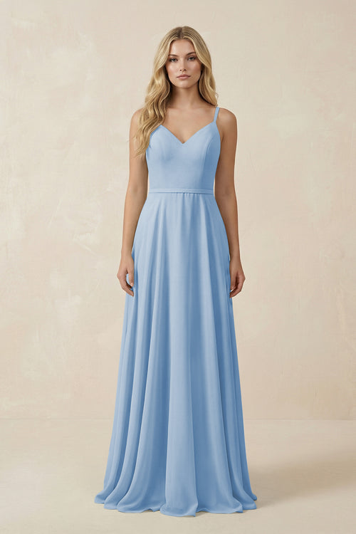 Steel Blue V-Neck A-Line Chiffon Bridesmaid Dress with Crisscross Back | KISSBRIDAL