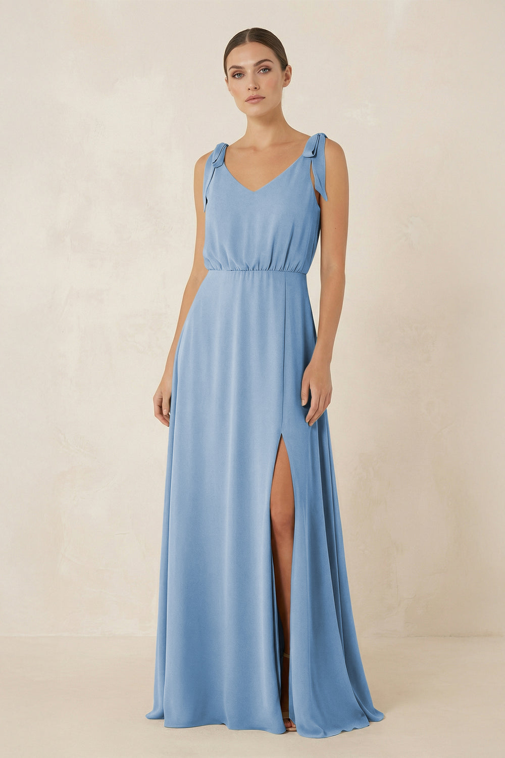 V-Neck A-Line Chiffon Bridesmaid Dress in Steel Blue