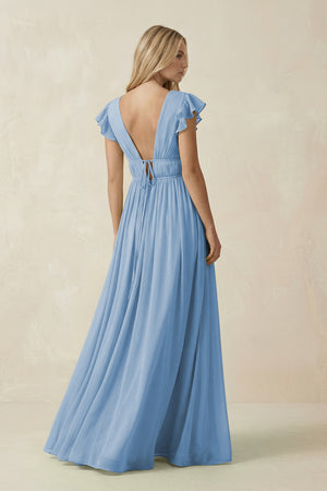 Steel Blue V-Neck A-Line Chiffon Cap Sleeves Bridesmaid Dress (2) | KISSBRIDAL