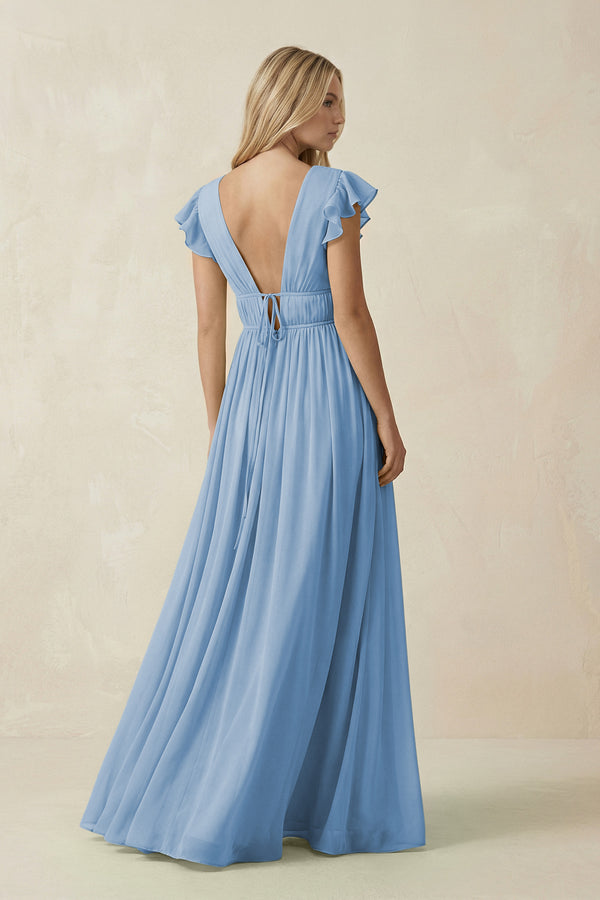 Steel Blue V-Neck A-Line Chiffon Cap Sleeves Bridesmaid Dress (2) | KISSBRIDAL