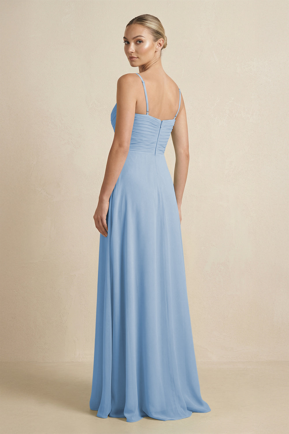 V-Neck A-Line Chiffon Pleated Bridesmaid Dress in Steel Blue