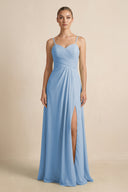 Steel Blue V-Neck A-Line Chiffon Pleated Bridesmaid Dress | KISSBRIDAL