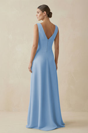 Steel Blue V-Neck A-Line Chiffon Ruffled Bridesmaid Dress (2) | KISSBRIDAL