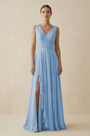 Steel Blue V-Neck A-Line Chiffon Ruffled Bridesmaid Dress | KISSBRIDAL