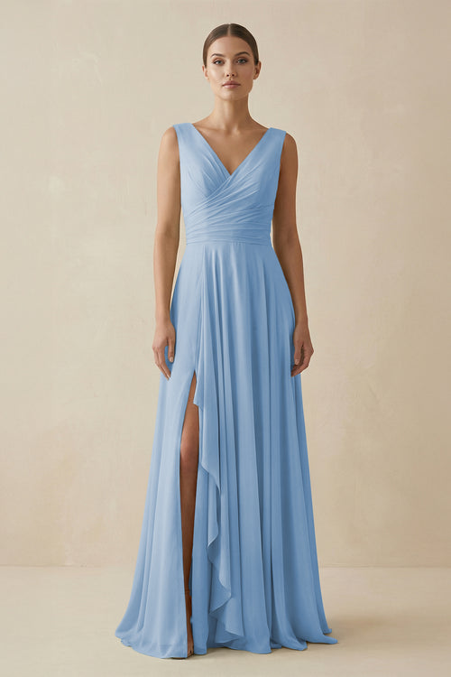 Steel Blue V-Neck A-Line Chiffon Ruffled Bridesmaid Dress | KISSBRIDAL