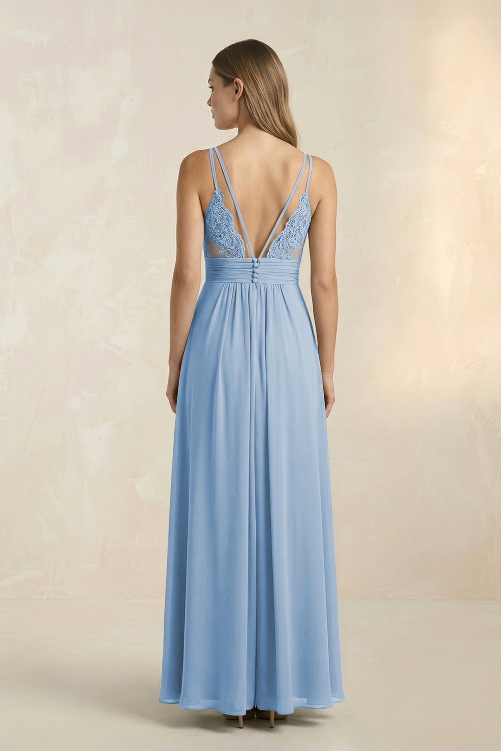 V-Neck A-Line Pleated Chiffon Bridesmaid Dress in Steel Blue