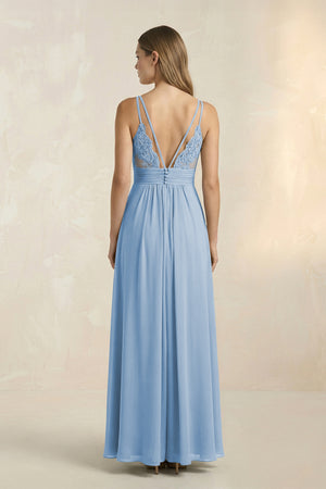 Steel Blue V-Neck A-Line Pleated Chiffon Bridesmaid Dress (2) | KISSBRIDAL