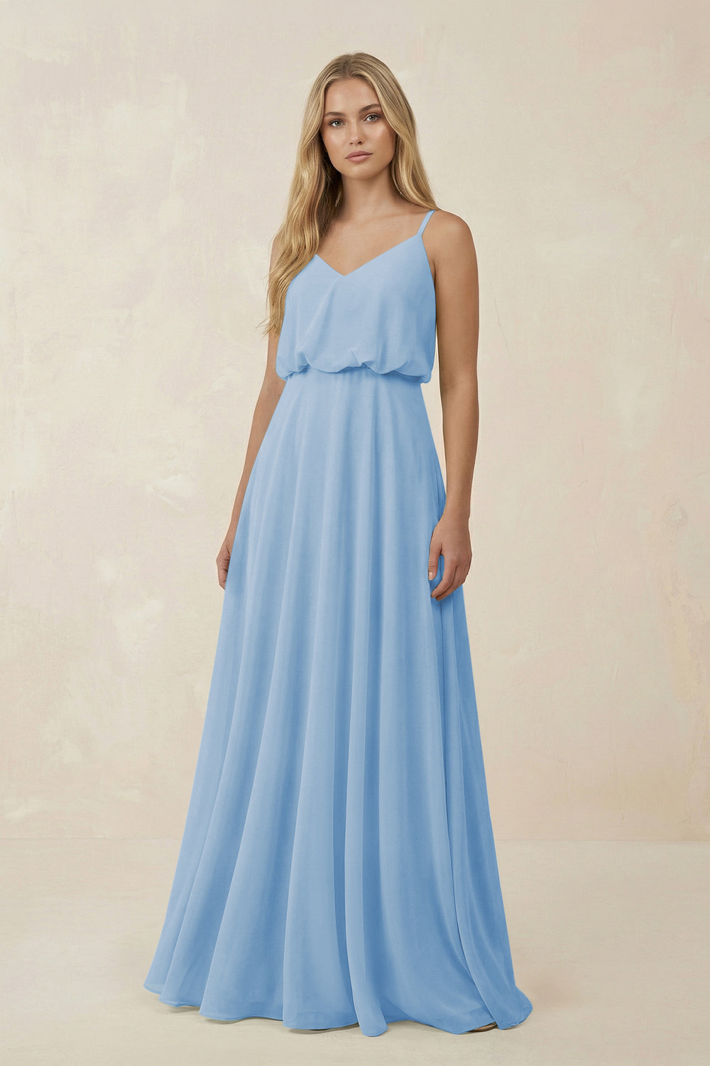 V-Neck Blouson A-Line Chiffon Bridesmaid Dress in Steel Blue