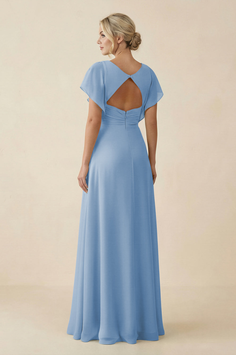 V-Neck Cap Sleeve Chiffon Bridesmaid Dress with Cut-out Back in Steel Blue