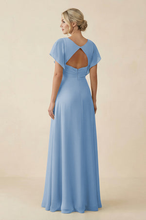 Steel Blue V-Neck Cap Sleeve Chiffon Bridesmaid Dress with Cut-out Back (2) | KISSBRIDAL