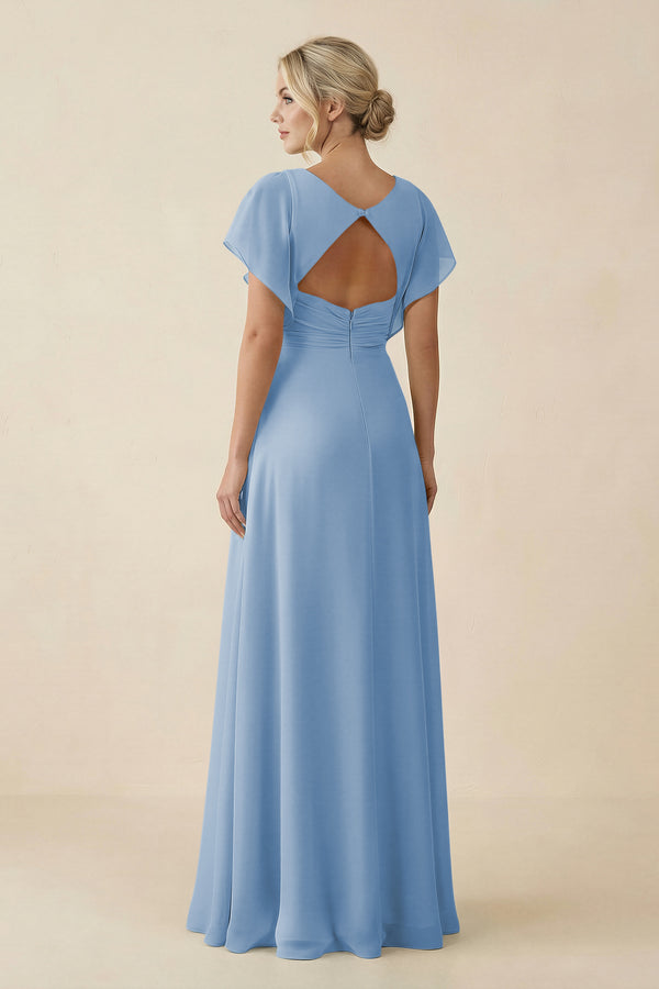 Steel Blue V-Neck Cap Sleeve Chiffon Bridesmaid Dress with Cut-out Back (2) | KISSBRIDAL