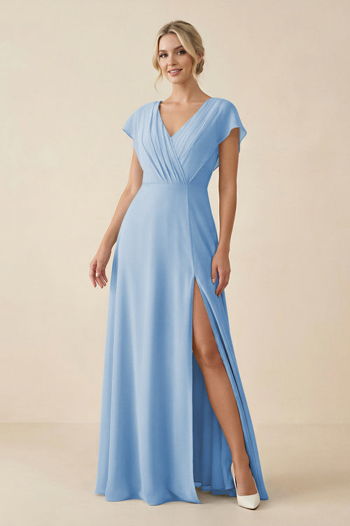 Steel Blue V-Neck Cap Sleeve Chiffon Bridesmaid Dress with Cut-out Back | KISSBRIDAL
