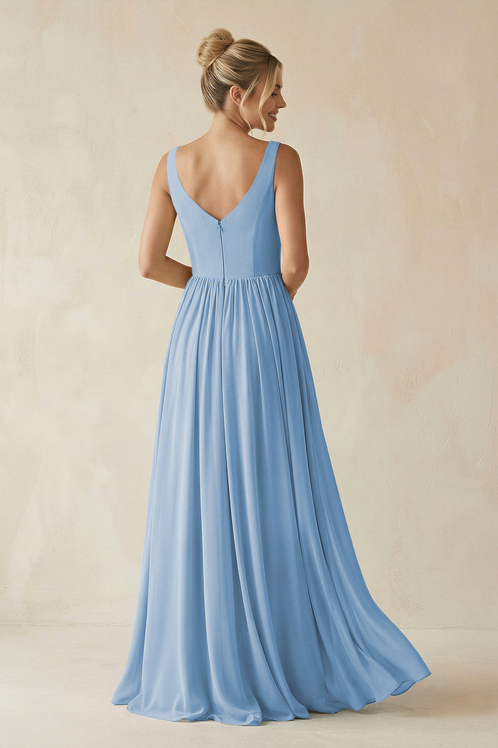 V-Neck Chiffon A-Line Long Bridesmaid Dress in Steel Blue
