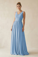Steel Blue V-Neck Chiffon A-Line Long Bridesmaid Dress | KISSBRIDAL