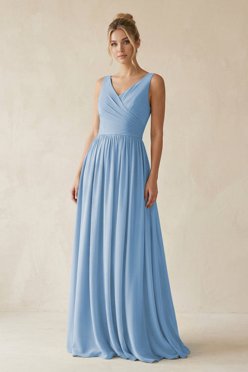 Steel Blue V-Neck Chiffon A-Line Long Bridesmaid Dress | KISSBRIDAL