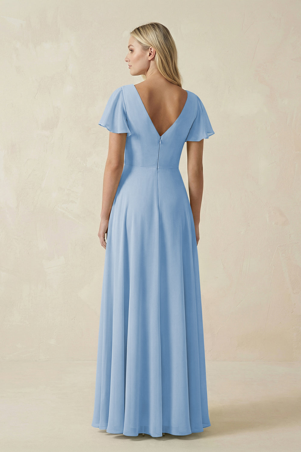 V-Neck Flutter Sleeve A-Line Chiffon Bridesmaid Dress in Steel Blue