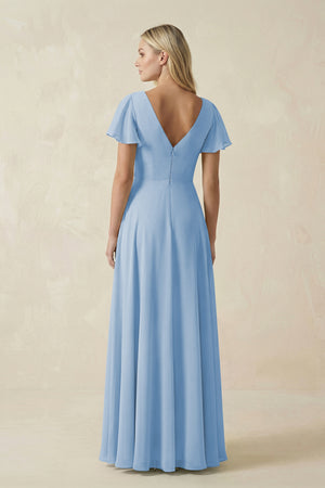 Steel Blue V-Neck Flutter Sleeve A-Line Chiffon Bridesmaid Dress (2) | KISSBRIDAL
