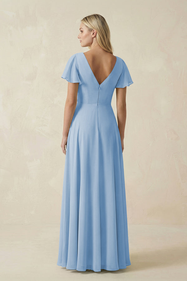 Steel Blue V-Neck Flutter Sleeve A-Line Chiffon Bridesmaid Dress (2) | KISSBRIDAL
