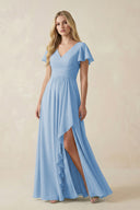 Steel Blue V-Neck Flutter Sleeve A-Line Chiffon Bridesmaid Dress | KISSBRIDAL