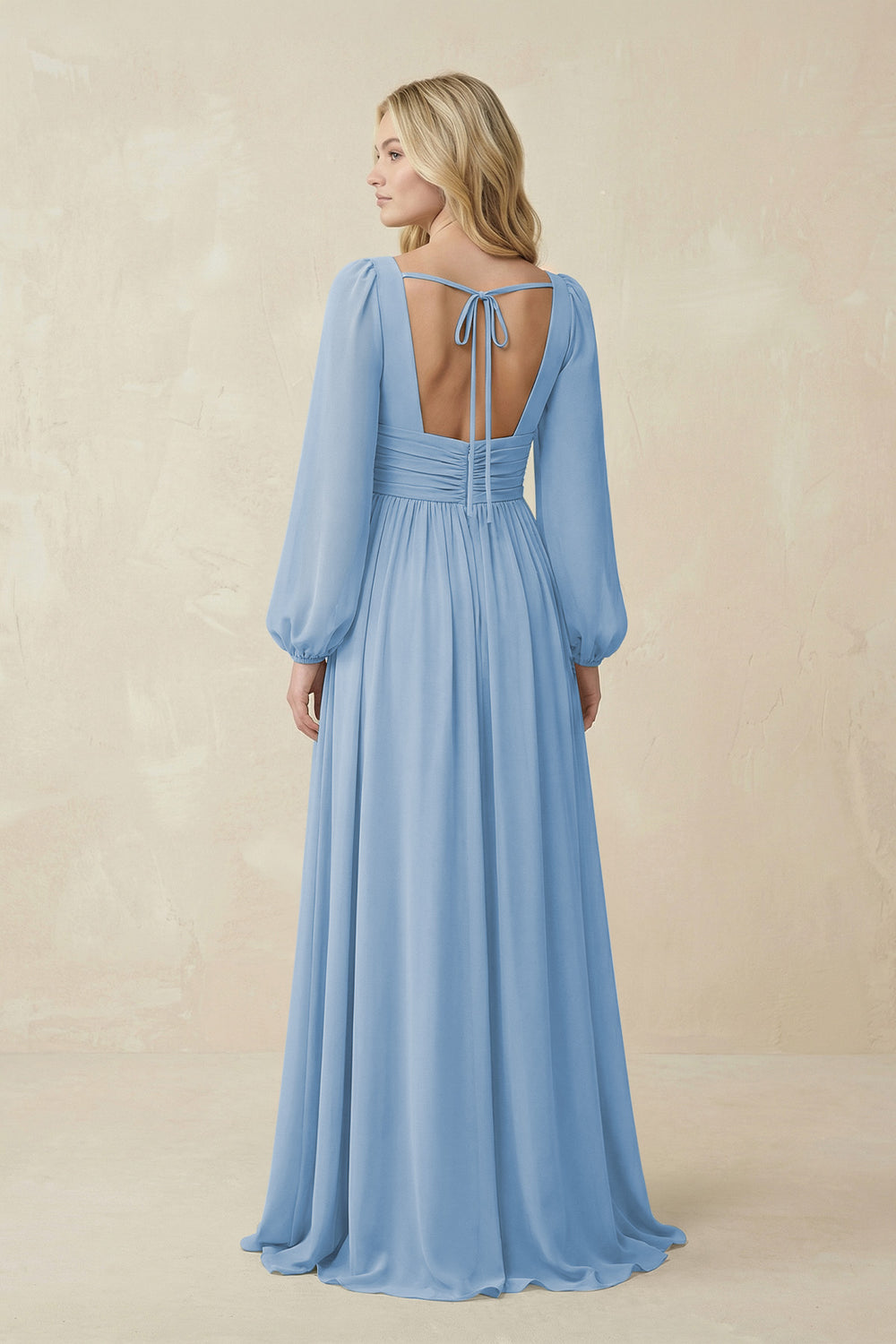 V-Neck Long Sleeve A-Line Chiffon Bridesmaid Dress in Steel Blue
